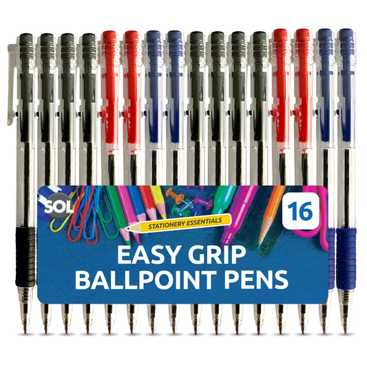 16-64 Blue Red Black Retractable Ballpoint Pens Biros 1.0mm Ink Smooth Grip Tip