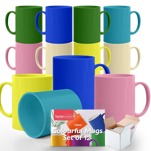 12-36 Multi Coloured Mugs 330ml | Colourful Ceramic Stoneware Coffee Tea Cup Set