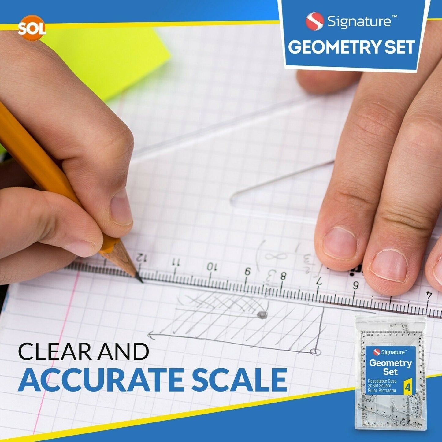 4 Piece Maths Geometry Set | 2 Set Square, Ruler, Protractor, Pencil Case School