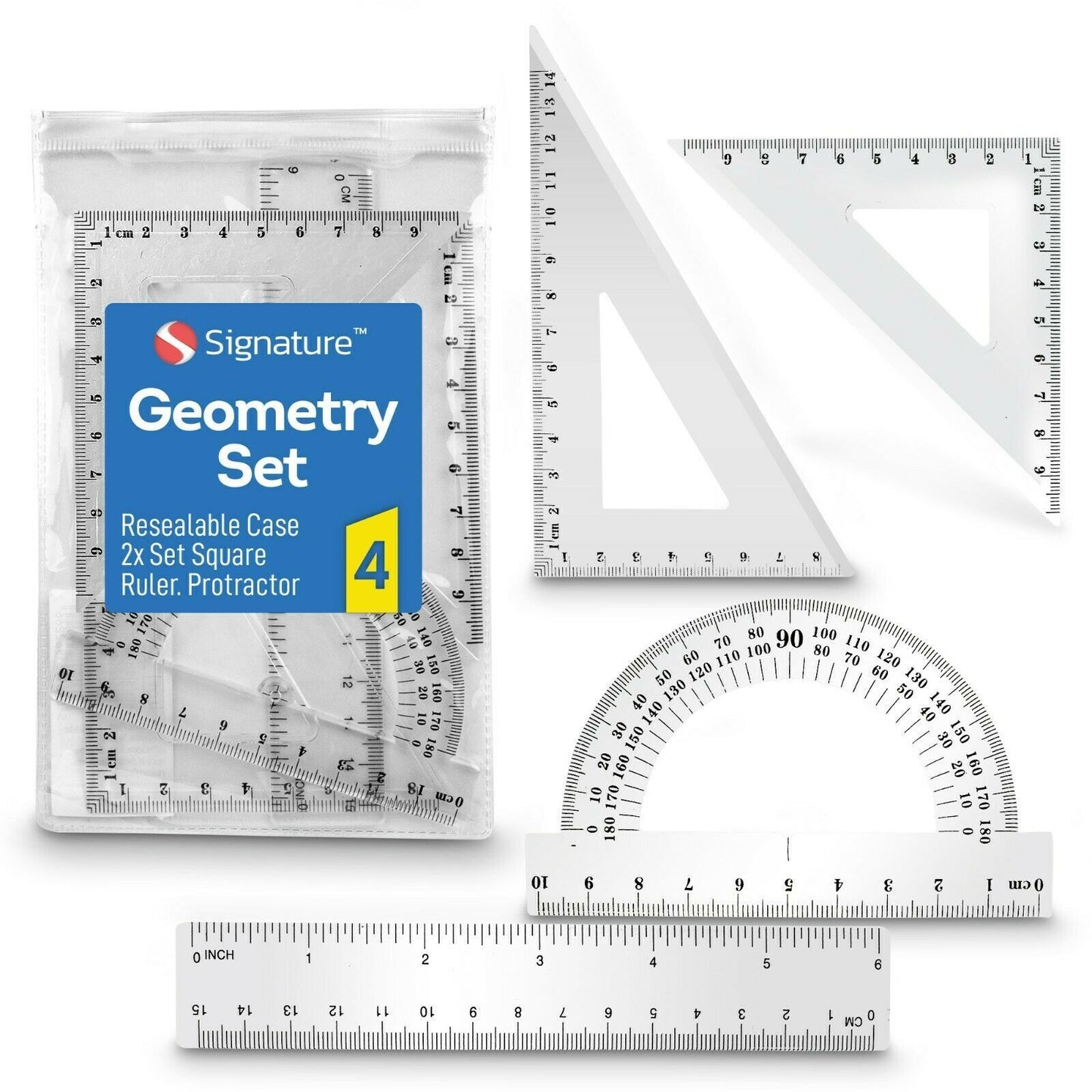 4 Piece Maths Geometry Set | 2 Set Square, Ruler, Protractor, Pencil Case School