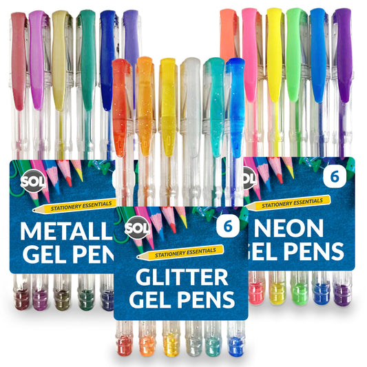 18 Pack Gel Pens Set 3 x 6pk Neon Glitter Metallic For Adult Colouring Book Kids