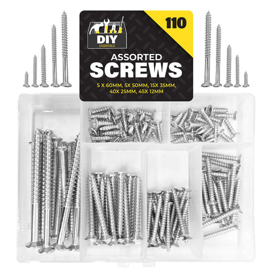 110pk Steel Wood Screws Assorted Selection Set Box Mixed Countersunk