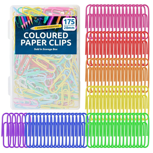 175-525pk Coloured Paper Clips 28mm Large Assorted Mixed Colours For Plastic Box