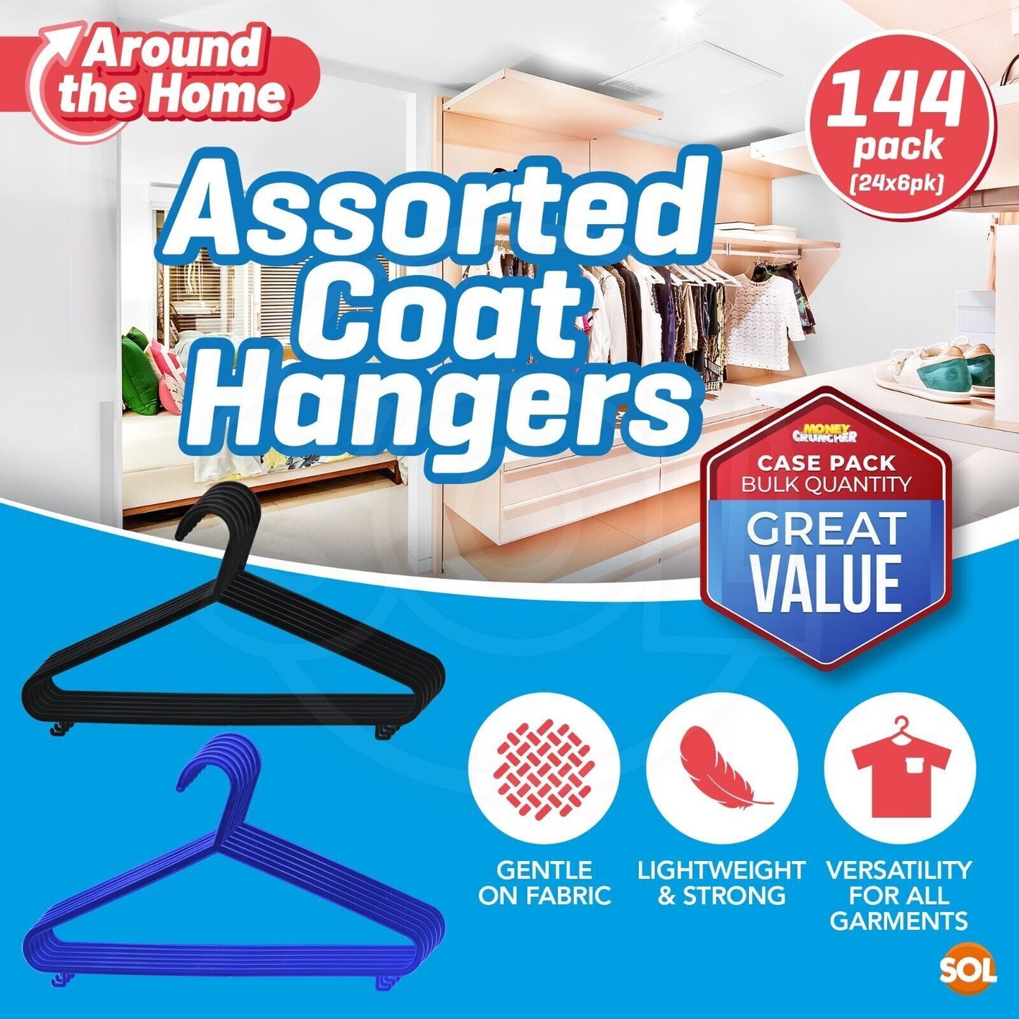 48-144 Adult Plastic Coat Hangers For Clothes Trouser Bar Black Blue Coathanger