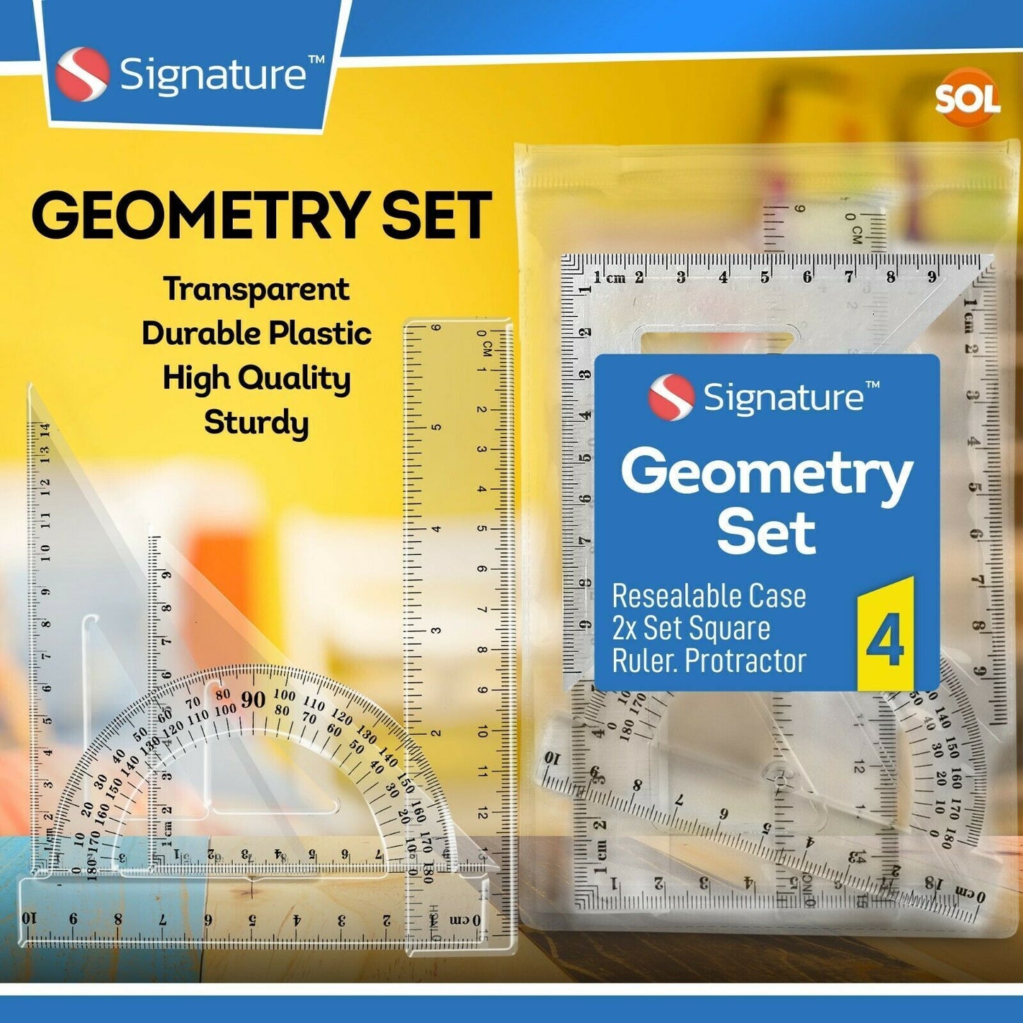 4 Piece Maths Geometry Set | 2 Set Square, Ruler, Protractor, Pencil Case School