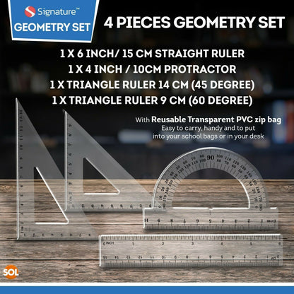 4 Piece Maths Geometry Set | 2 Set Square, Ruler, Protractor, Pencil Case School