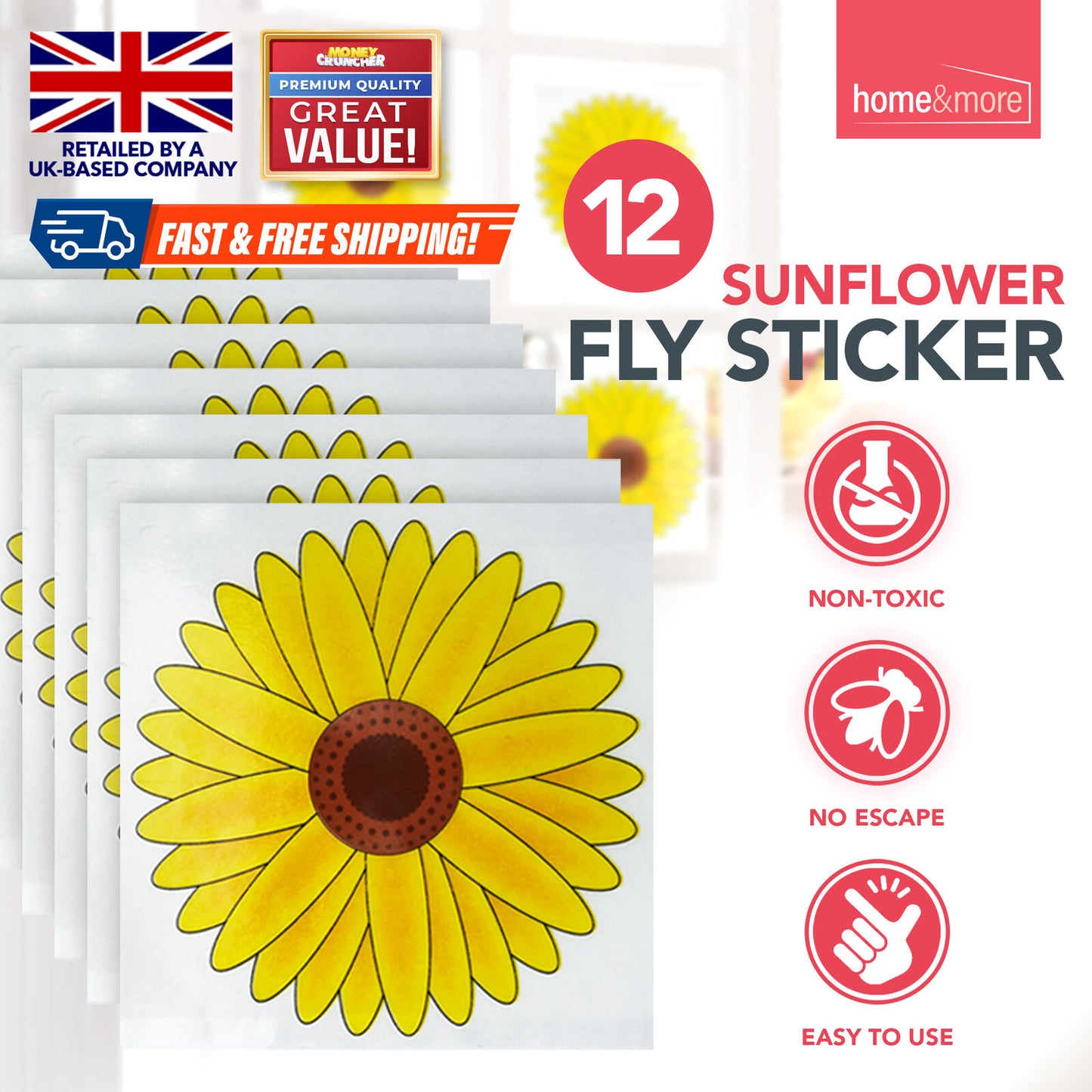 3-12pk Fly Trap Window Stickers Sticky Sunflower Insect Bug Flies Killer Catcher