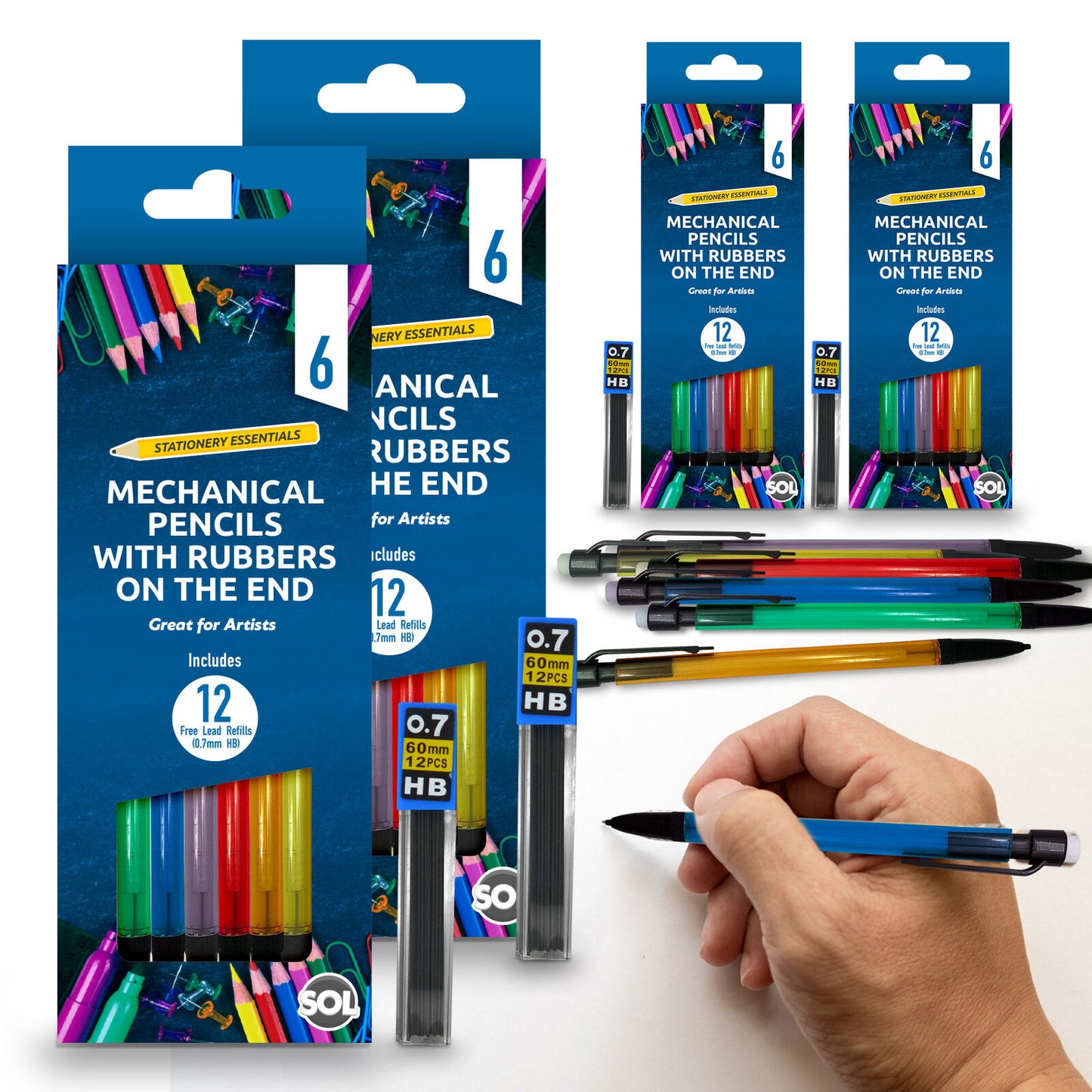 6-24pk Mechanical Pencils Set + 12-48 HB Lead Refills 0.7mm + Erasers Propelling