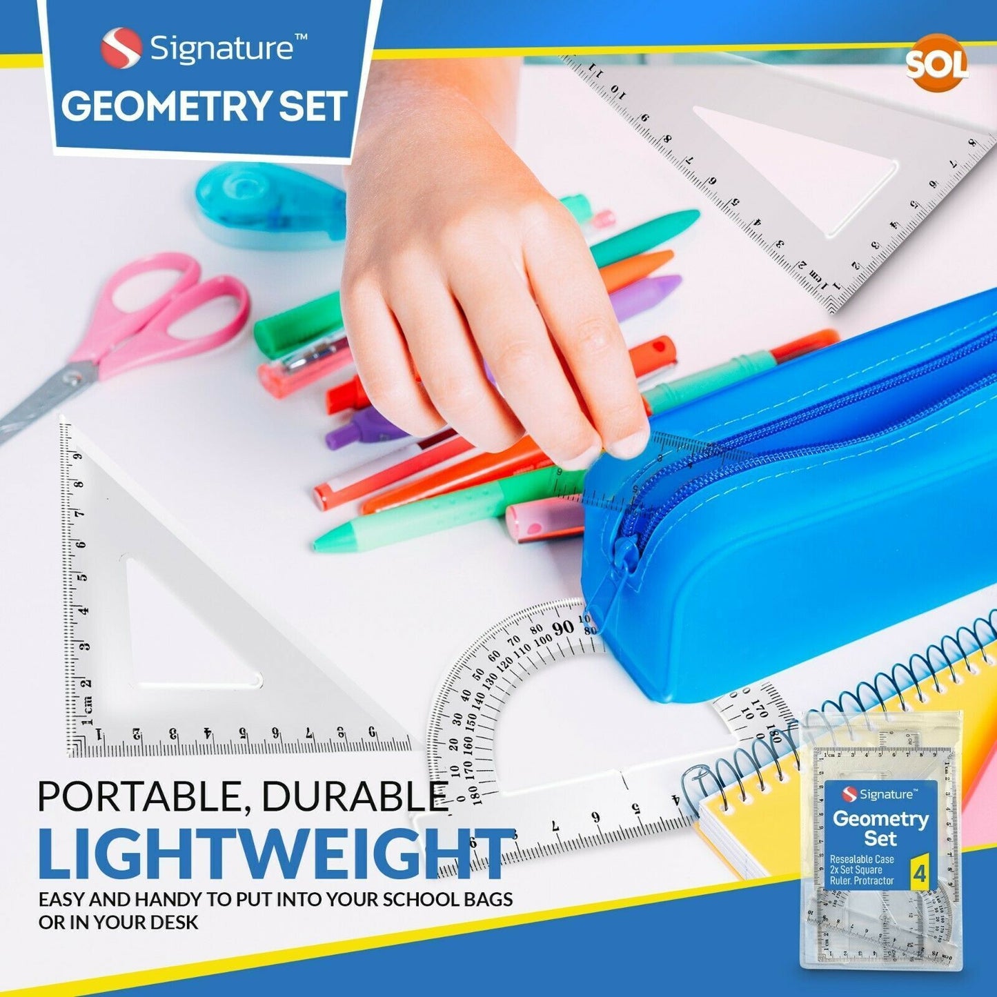 4 Piece Maths Geometry Set | 2 Set Square, Ruler, Protractor, Pencil Case School