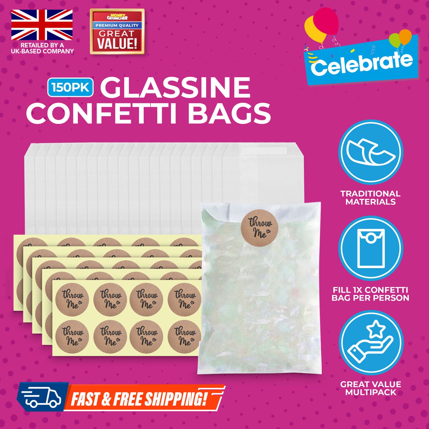 50-150 Glassine Confetti Bags and Stickers 9 x 11.5cm Clear Empty Paper Wedding