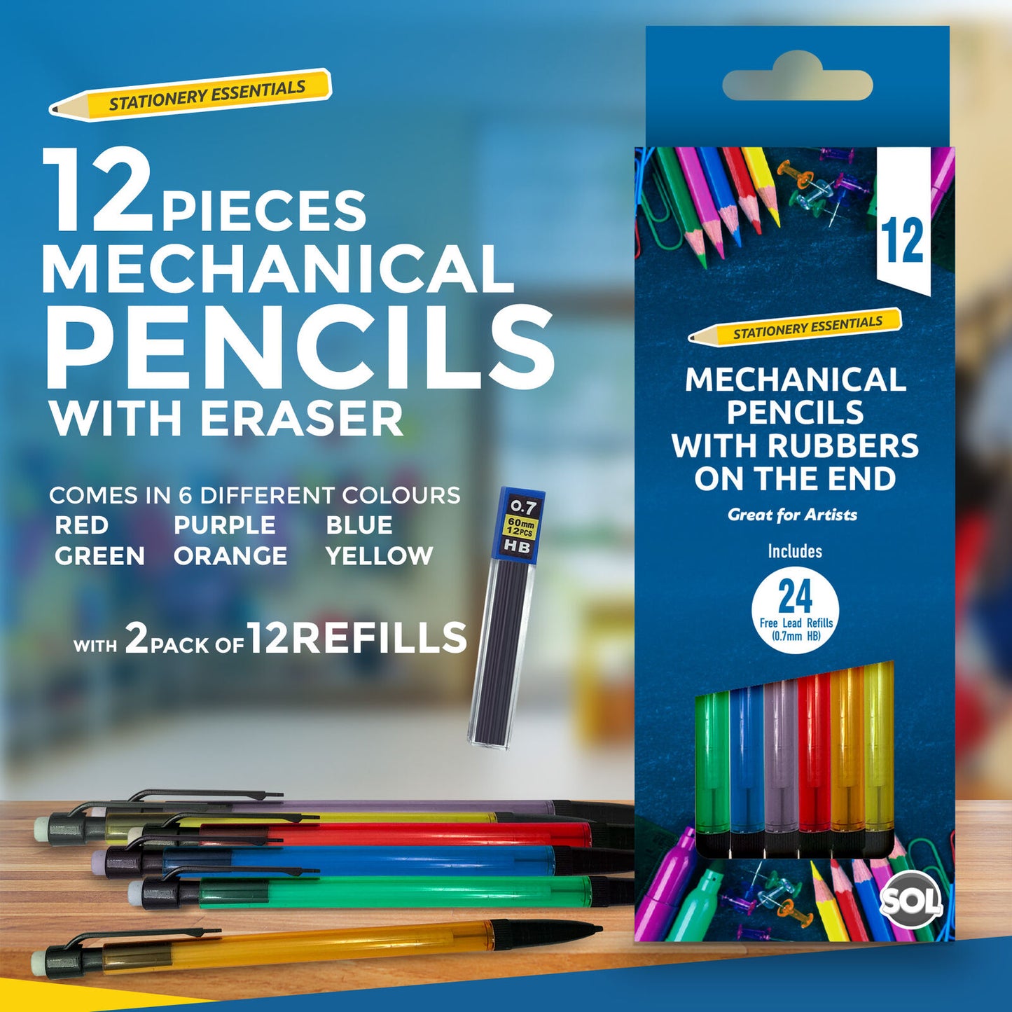 6-24pk Mechanical Pencils Set + 12-48 HB Lead Refills 0.7mm + Erasers Propelling