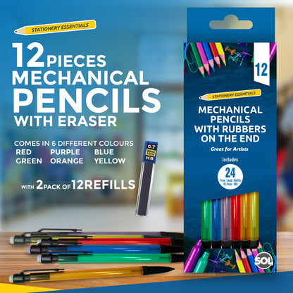 6-24pk Mechanical Pencils Set + 12-48 HB Lead Refills 0.7mm + Erasers Propelling