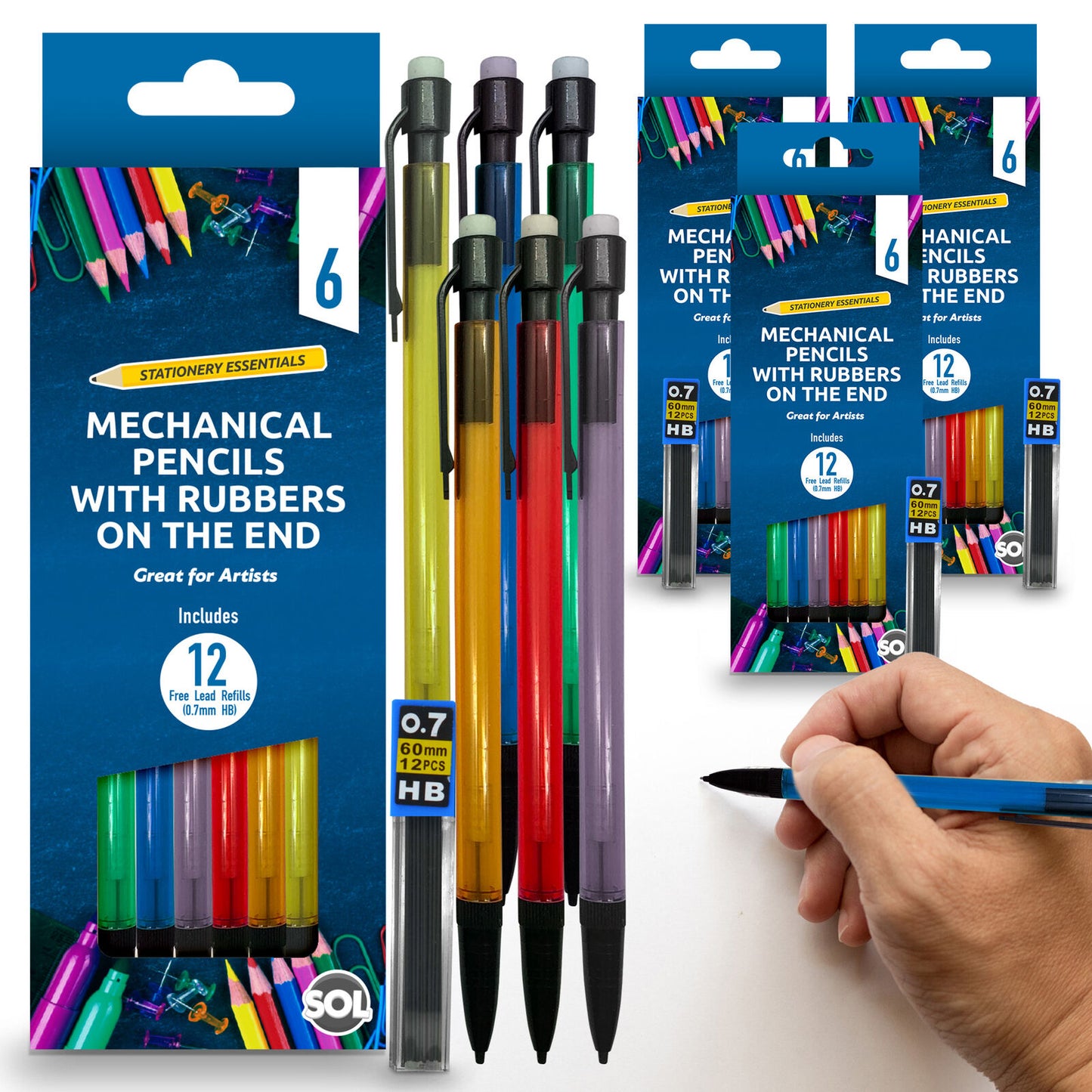 6-24pk Mechanical Pencils Set + 12-48 HB Lead Refills 0.7mm + Erasers Propelling